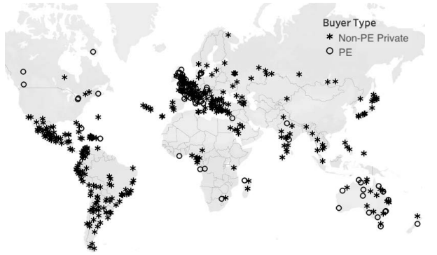 World map showing PE and non-PE private airport buyer locations.